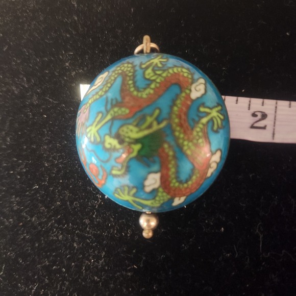 Vintage Cloisonne Dragon Pendant Charm Blue Green Red Gold Tone - Picture 6 of 8